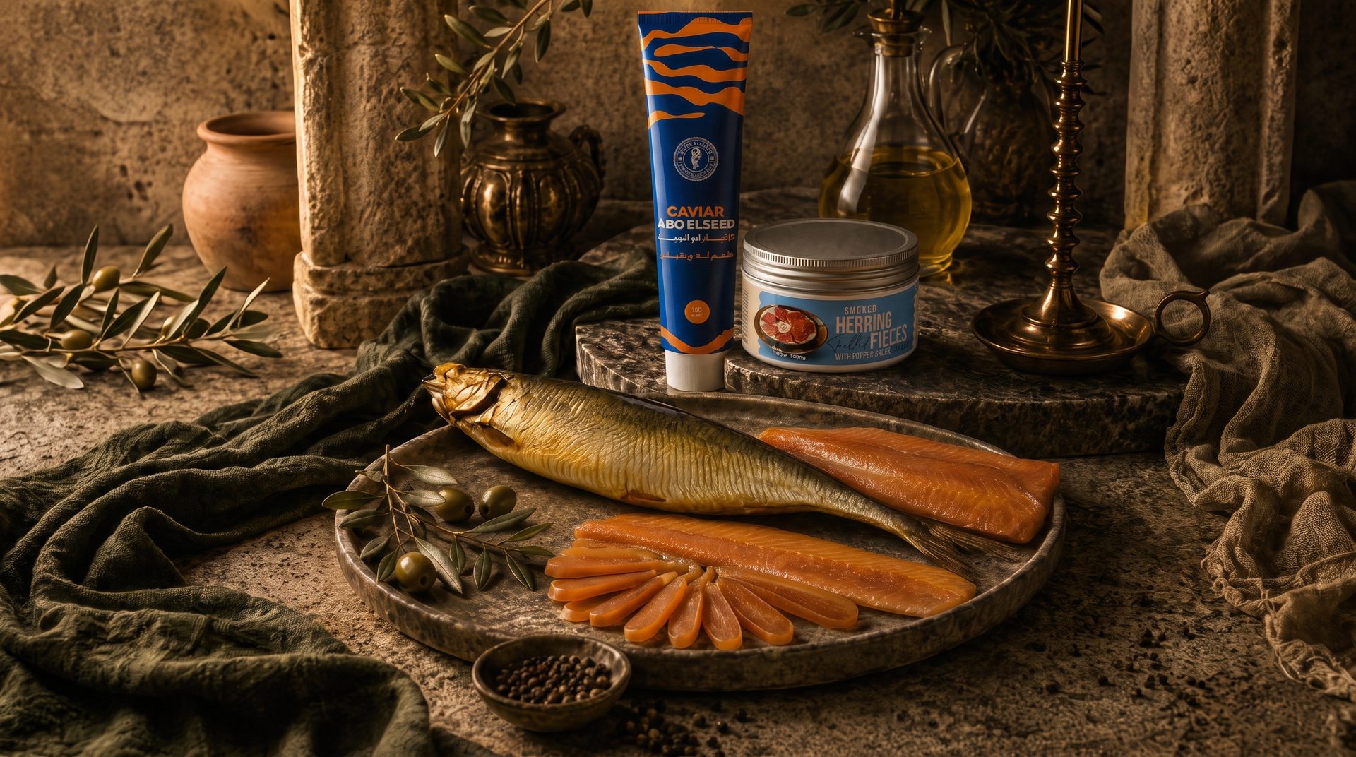 An Abo Elseed still life — caviar, smoked herring, whole smoked fish and salmon fillets on a Mediterranean stone table